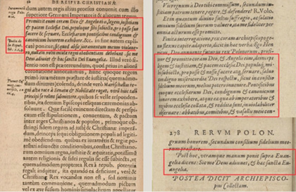 Rysunek 10. Porównanie: De iusta Reipublicae..., s. 50 (lewa strona) i A. Gwagnin, Rerum Polonicarum tomi tres, s. 277–278 (prawa strona)