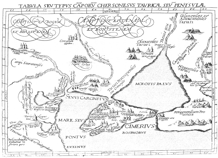 Ilustracja 5. Mapa Krymu i sąsiednich regionów załączona do pierwszej edycji Tartariae descriptio (Kolonia 1595)