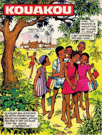 l’image est la couverture du magazine « Kouakou », publié dans les années 80, « revue qui a marqué l’esprit des jeunes », destinée aux 8-12 ans et distribuée gratuitement dans les écoles de plusieurs pays d’Afrique. Le dialogue entre les jeunes représentés aborde la scolarisation des filles.