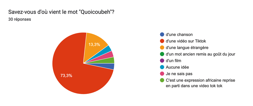 le graphique illustre les représentations sur l’origine du terme, 73% des répondants l’associant à une vidéo Tiktok, 13% à une langue étrangère. 