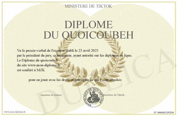 cette illustration correspond à un fac similé de « Diplôme de Quoicoubeh », remis par « le Ministère de Tiktok ».