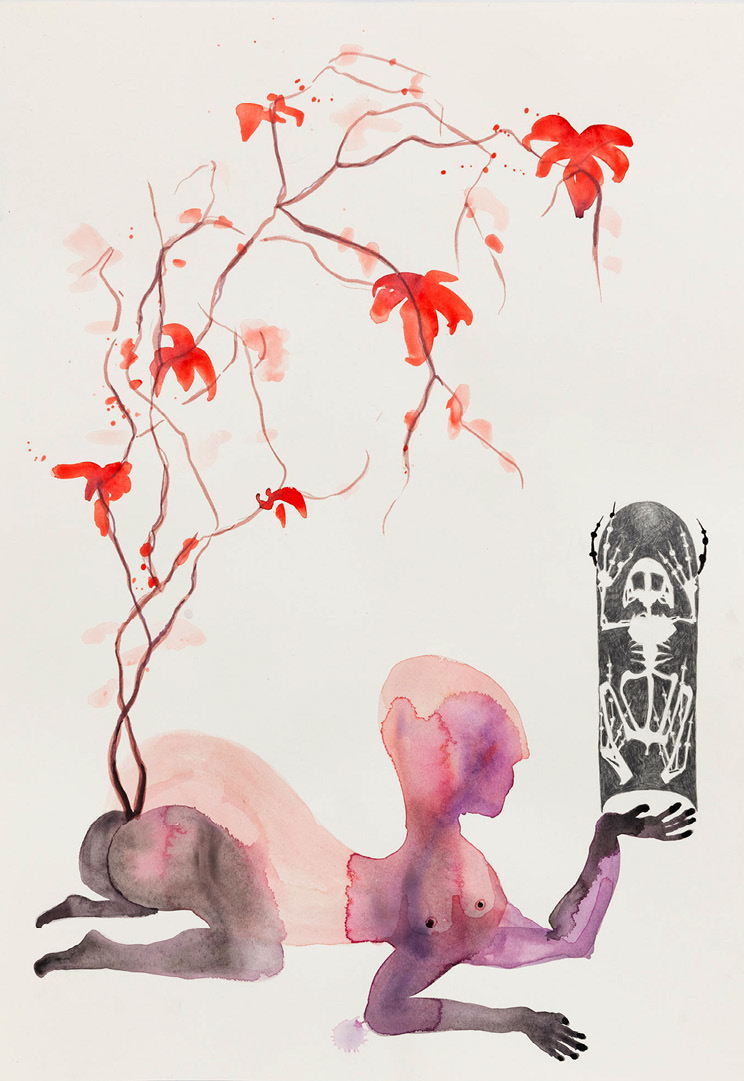 Silhouette humaine allongée sur le ventre, des branches rouges émergent de son dos. Elle tient un objet noir orné d’un squelette blanc. Composition artistique et symbolique, aux couleurs contrastées et à l’atmosphère énigmatique.