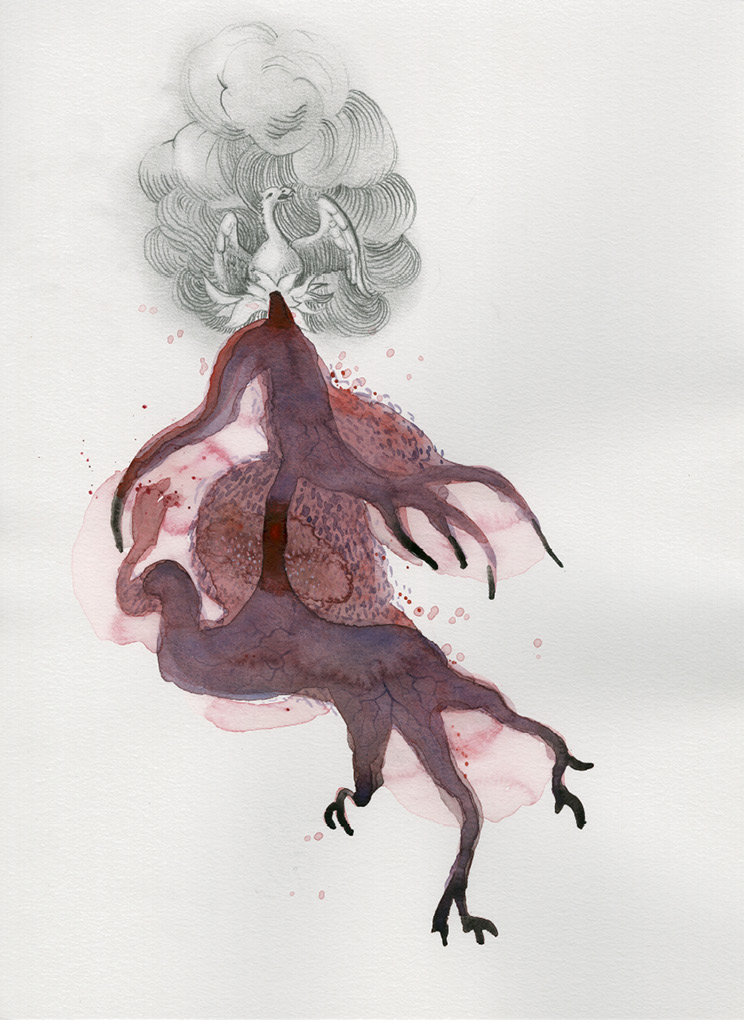 Forme organique aérienne rappelant à la fois des racines et des organes internes, surmontée d’un phénix entouré de volutes de fumée. Aquarelle aux tonalités de rouge, violet et noir, rehaussée de mine de plomb.