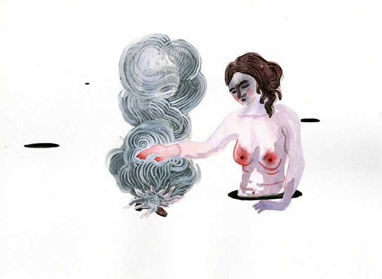 Femme aux seins nus et à l’air songeur, à moitié sortie d’un trou, un bras tendu vers colonne de fumée dense. Des ovales noirs percent des trous dans l’espace blanc de la composition. Aquarelle aux tonalités de roses et de gris.
