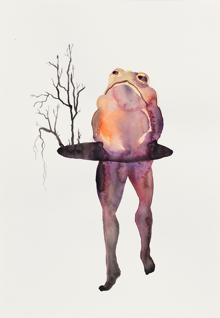 Grenouille aux jambes humaines et à l’air baveux, debout dans l’espace blanc de la composition. Un ovale noir autour de sa taille évoque une jupe d’où émane des branches et brindilles, son jardin. Aquarelle aux tonalités d’orange et de violet.