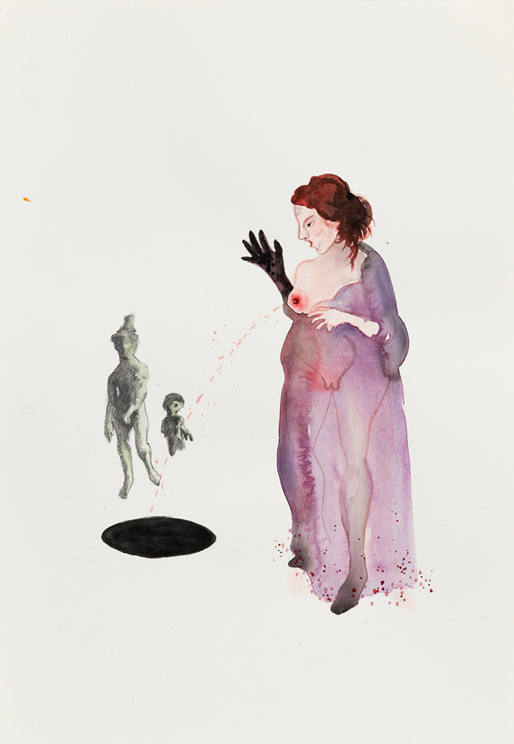 Femme habillée d’un tissu violet transparent, une main levée gantée de noir, un sein découvert d’où gicle un lait rose s’écoulant dans un trou. Deux personnages informes et verdâtres regardent la scène. Aquarelle aux tonalités de rose et de violet.