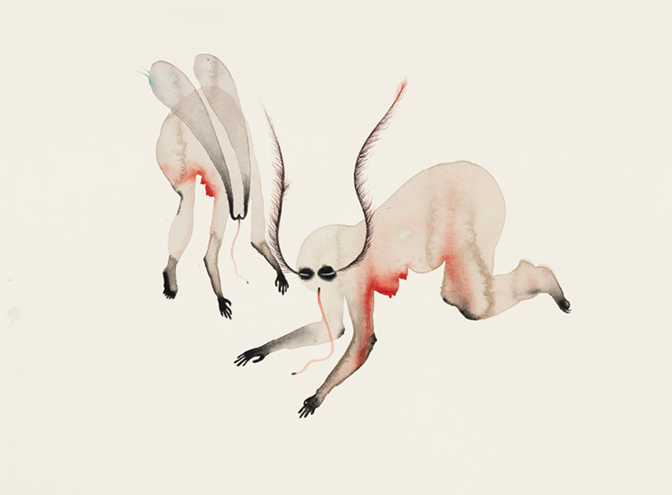 Deux personnages transparents, à quatre pattes, fouillent le sol avec leurs mains et leurs langues. L’un des personnages est ailé, l’autre arbore des antennes de papillon de nuit. Aquarelle aux tonalités de beige, accents de rouge et de noir.