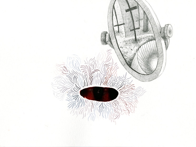 Miroir circulaire en métal, flottant dans l’espace de la page, reflétant un paysage invisible. À côté, d’une cavité émane une énergie fluide et vibrante, du vent ou de la fumée. Aquarelle et mine de plomb aux tonalités de gris, de noir et de rose.
