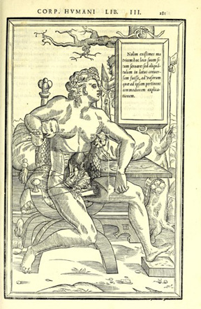 llustration anatomique ancienne : figure humaine assise, organes internes exposés. Décor végétal et architectural en arrière-plan, texte explicatif en latin à droite.