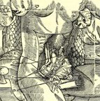 Illustration anatomique ancienne : représentation détaillée du corps humain avec textures et ombrages fins. Lettres (A à F) identifient les muscles et structures internes.