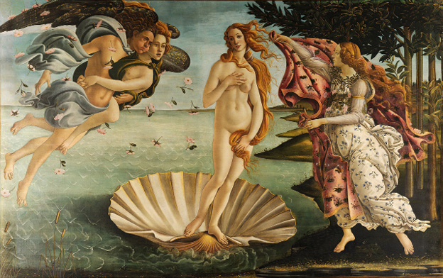 Vénus surgit de la mer sur une coquille, portée par le vent de Zéphyr et Chloris. Une Heure l’attend avec un manteau. Les visages sont volontairement effacés. Scène mythologique et élégante.