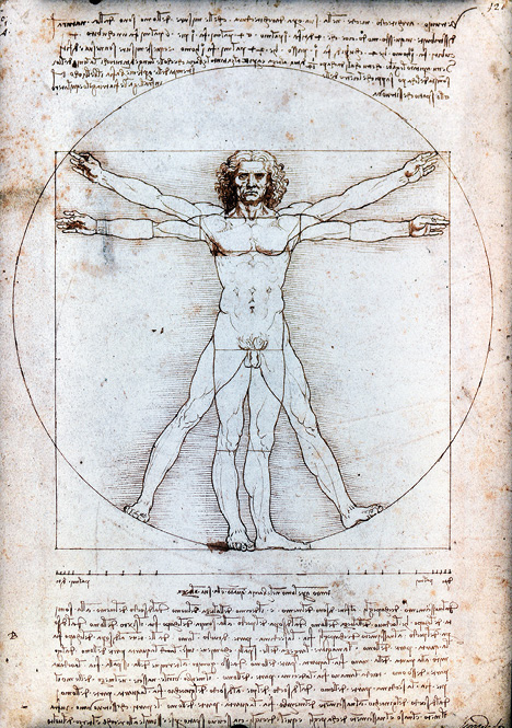 Dessin de l’Homme de Vitruve par Léonard de Vinci : figure masculine nue en deux poses superposées, bras et jambes écartés, inscrite dans un cercle et un carré, avec texte en écriture spéculaire italienne.
