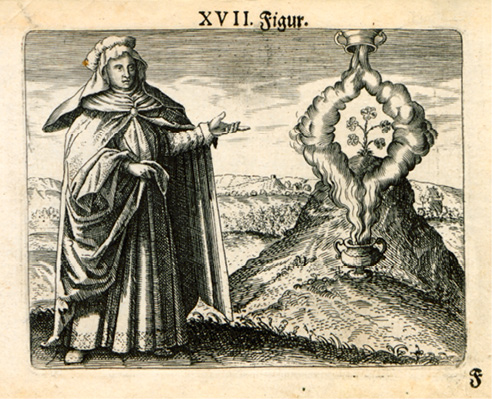 Illustration alchimique : une personne en robe tend la main vers un récipient fumant. La vapeur forme une couronne contenant une plante fleurie. Paysage vallonné et ciel nuageux en arrière-plan.
