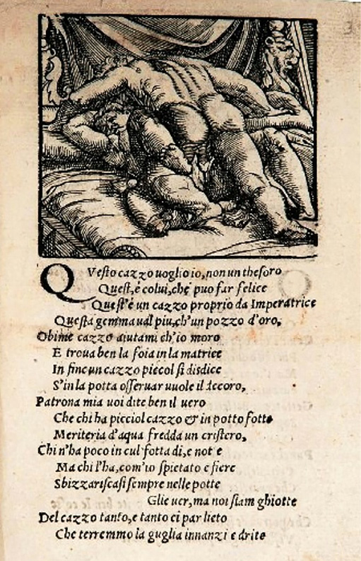Gravure ancienne représentant un homme et une femme allongés l’un sur l’autre dans un lit, accompagnée d’un poème italien. L’image a une portée satirique et culturelle propre à la Renaissance.