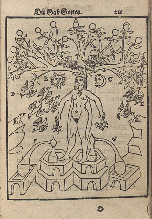 Illustration ancienne : figure humaine avec un arbre poussant de la tête, surmonté d’un oiseau. Des oiseaux volent autour. Soleil, lune et symboles célestes en arrière-plan. La figure se tient sur une structure architecturale.