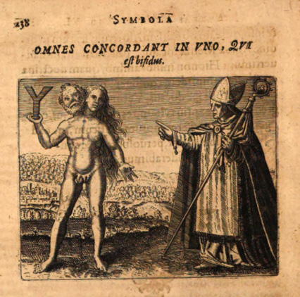 Deux figures : l’une nue, à deux têtes – homme et femme – tenant un objet en Y, le visage partiellement caché ; l’autre en habit ecclésiastique, la désignant. Paysage en arrière-plan.