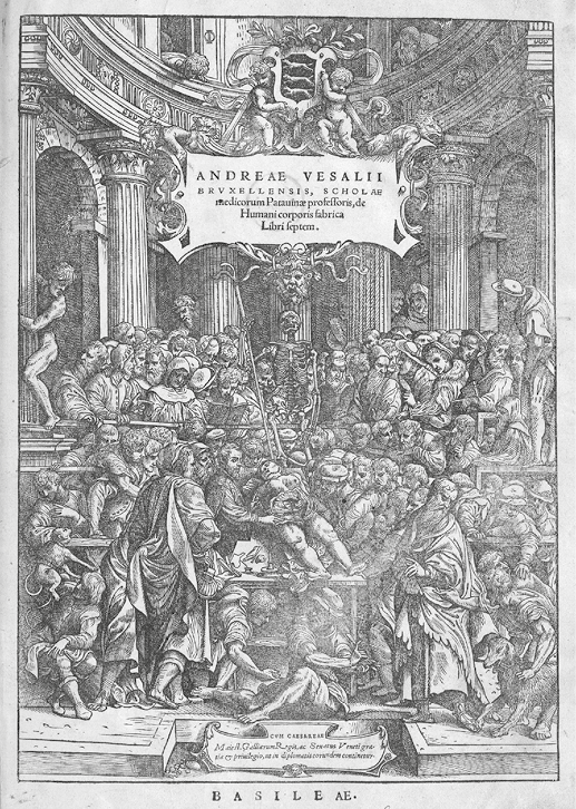 Scène anatomique : un homme dissèque un corps devant une foule dans un décor classique avec colonnes. Une bannière mentionne Andreas Vesalius et son œuvre sur l’anatomie humaine.