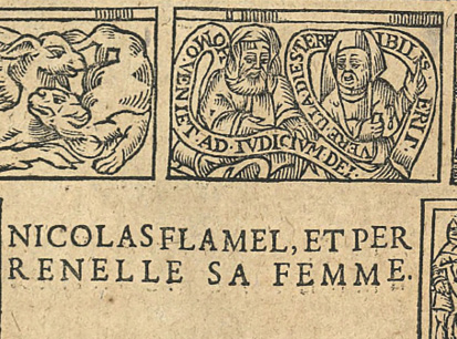 Illustration ancienne en deux parties : à gauche, deux animaux; à droite, deux figures dont l’une au visage caché. Inscriptions latines évoquent le jugement divin. En bas, mention de Nicolas Flamel et de sa femme Pernelle.