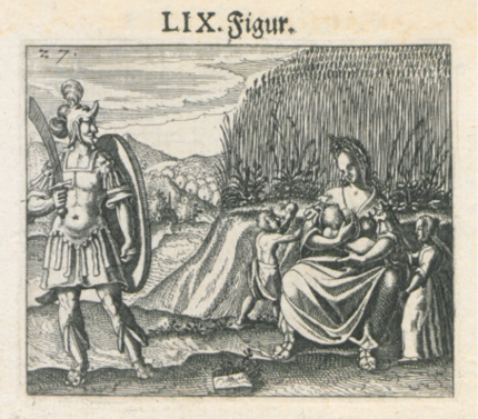 Scène illustrée “LIX. Figur.” : à gauche, un guerrier en armure avec épée et bouclier ; à droite, une figure assise entourée de trois enfants. Paysage naturel en arrière-plan avec collines et végétation.