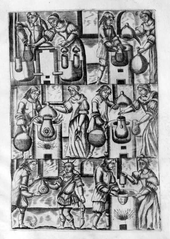 Des alchimistes en habits d’époque travaillent dans un laboratoire ancien, manipulant cornues et alambics. Ils sont concentrés sur leurs expériences chimiques, entourés d’instruments et de fioles mystérieuses.