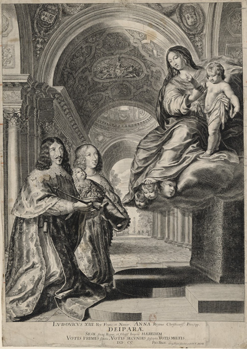Gravure religieuse en noir et blanc : deux figures en robe à gauche, l’une agenouillée avec un livre. À droite, la Vierge Marie avec l’Enfant Jésus sur des nuées. Fond architectural richement orné. Texte latin en bas.