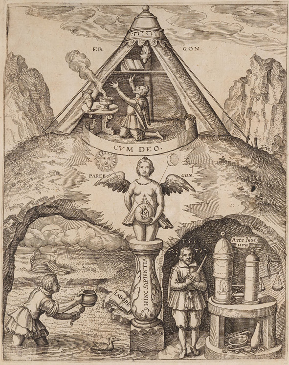 Illustration symbolique complexe : figures ailées, inscriptions latines (INRI, CVM DEO), scènes alchimiques et structure triangulaire avec les mots ER et GON. Représentation ésotérique riche en détails.