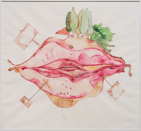 Illustration symbolique de Béatrice Lussol : des lèvres stylisées en rose et rouge, surmontées d’arbres verts et d’une maison rouge. Des formes géométriques abstraites encadrent l’image, évoquant une fusion entre nature, corps et espace intime.