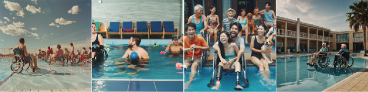 Rys. 3. Obrazy wygenerowane w odpowiedzi na prompt a group of disabled people at the pool („grupa osób z niepełnosprawnością na basenie”)