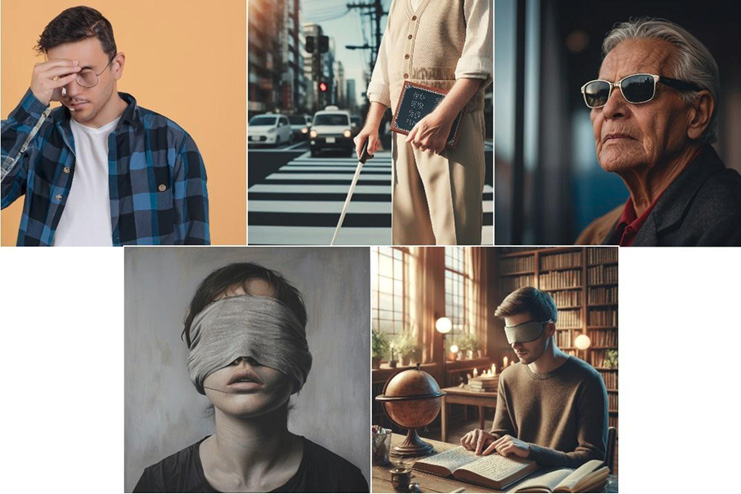 Rys. 5. Obrazy wygenerowane w odpowiedzi na prompt a blind person („osoba niewidoma”)