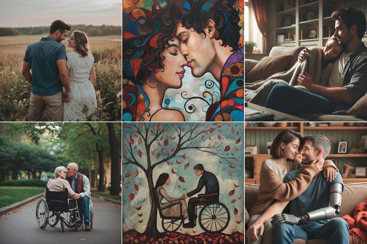 Rys. 7. Obrazy wygenerowane w odpowiedzi na prompty people in love („zakochani ludzie”, na górze) i disabled people in love (zakochane osoby niepełnosprawne”, na dole)