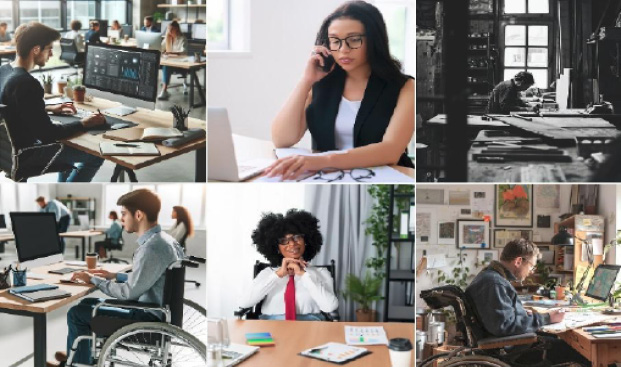 Rys. 8. Obrazy wygenerowane w odpowiedzi na prompty people at work („ludzie  w pracy”, na górze) i disabled people at work („osoby niepełnosprawne w pracy”, na dole)