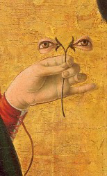 A hand holds eyeglasses in front of a face with visible eyes; the lenses align with the eyes.