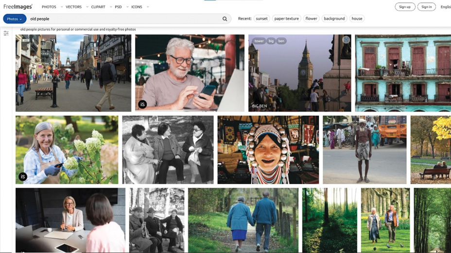 Plansza z kilkunastoma zdjęciami z banku zdjęć Freeimages. Przedstawiają pogodne, oddające się rozmaitym przyjemnościom i aktywne fizycznie starsze osoby.