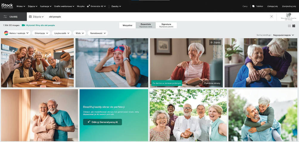 Plansza z kilkoma zdjęciami z banku zdjęć istockphoto. Przedstawiają radosne, cieszące się życiem i otoczone przez bliskich  starsze osoby.