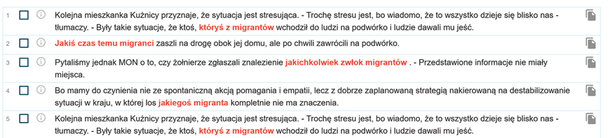 Zrzut ekranu z programu Sketch Engine zawierający przykłady nieokreślenia.