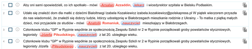 Zrzut ekranu z programu Sketch Engine zawierający przykłady funkcjonalizacji.