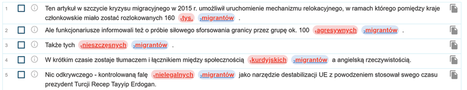 Zrzut ekranu z programu Sketch Engine zawierający przykłady identyfikacji.