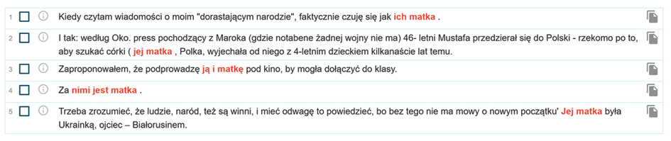 Zrzut ekranu z programu Sketch Engine zawierający przykłady identyfikacji relacyjnej.