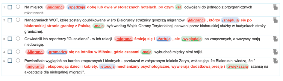 Zrzut ekranu z programu Sketch Engine zawierający przykłady nadmiernej reprezentacji.