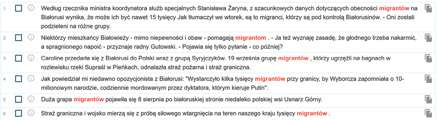 Zrzut ekranu z programu Sketch Engine zawierający przykłady włączenia.