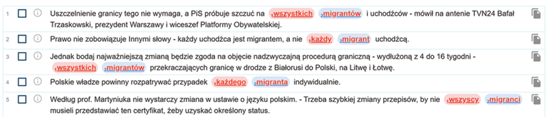 Zrzut ekranu z programu Sketch Engine zawierający przykłady generyzacji.