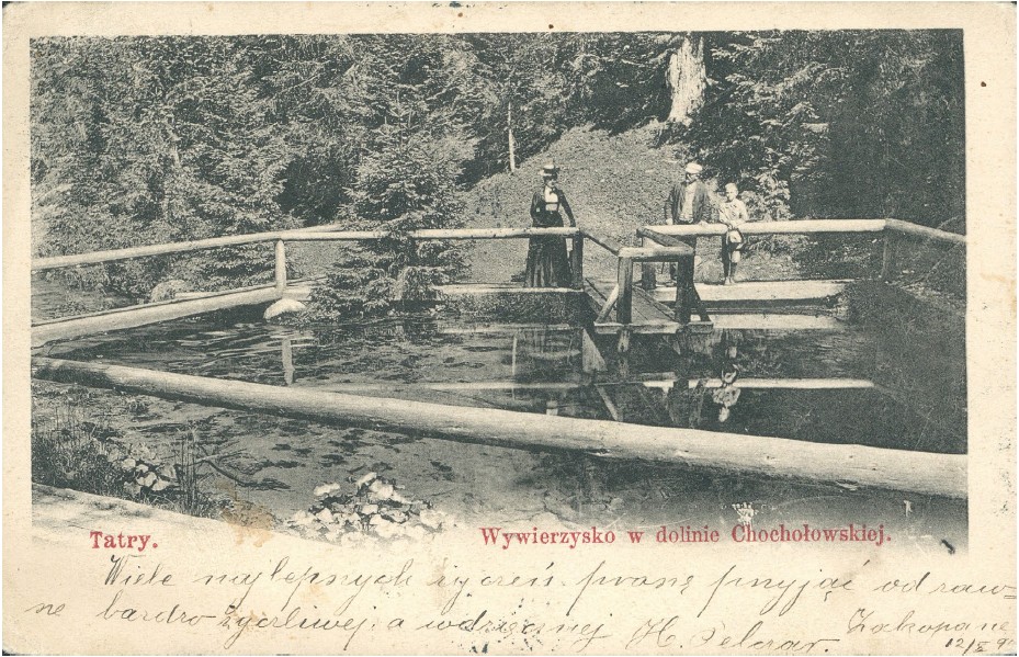 Cztery piąte obrazu to fotografia - na dalekim planie trzy osoby stoją na mostku nad potokiem. Jedna piąta pocztówki - ręcznie pisany tekst. Kolor - sepia. 
