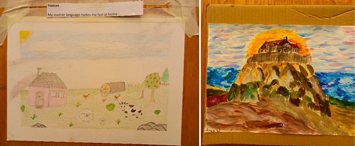 The figure shows two drawings. On the left, a soft coloured-pencil drawing depicts a rural homestead with farm animals. On the right, a watercolour painting shows a centrally positioned castle atop a large rock, set against a backdrop of sea and sky.
