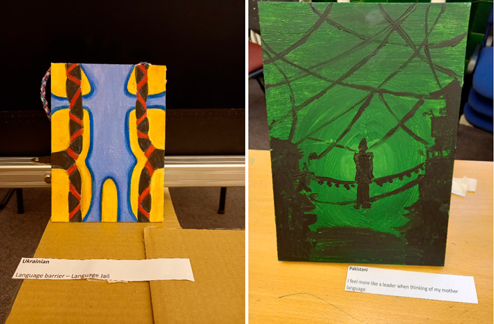 The figure shows two drawings. On the left is an image with blue and yellow blocks overlaid by black and red lines. On the right is an image with a deep green background featuring a black human silhouette bound by black lines and shadows.