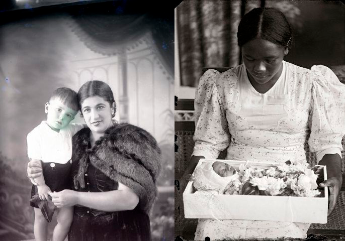 Two photos side by side. The left one shows a white lady with a fur stole tenderly holding a fair-haired three-year-old boy against a studio backdrop. The right one shows a black young woman on a settee looking down at a tiny dead baby, covered with flowers and with closed eyes, in a white box on her lap.