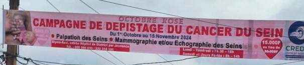 A photo of a two-sided French banner about breast cancer awareness at Montée Jouvence, text identical on both sides.